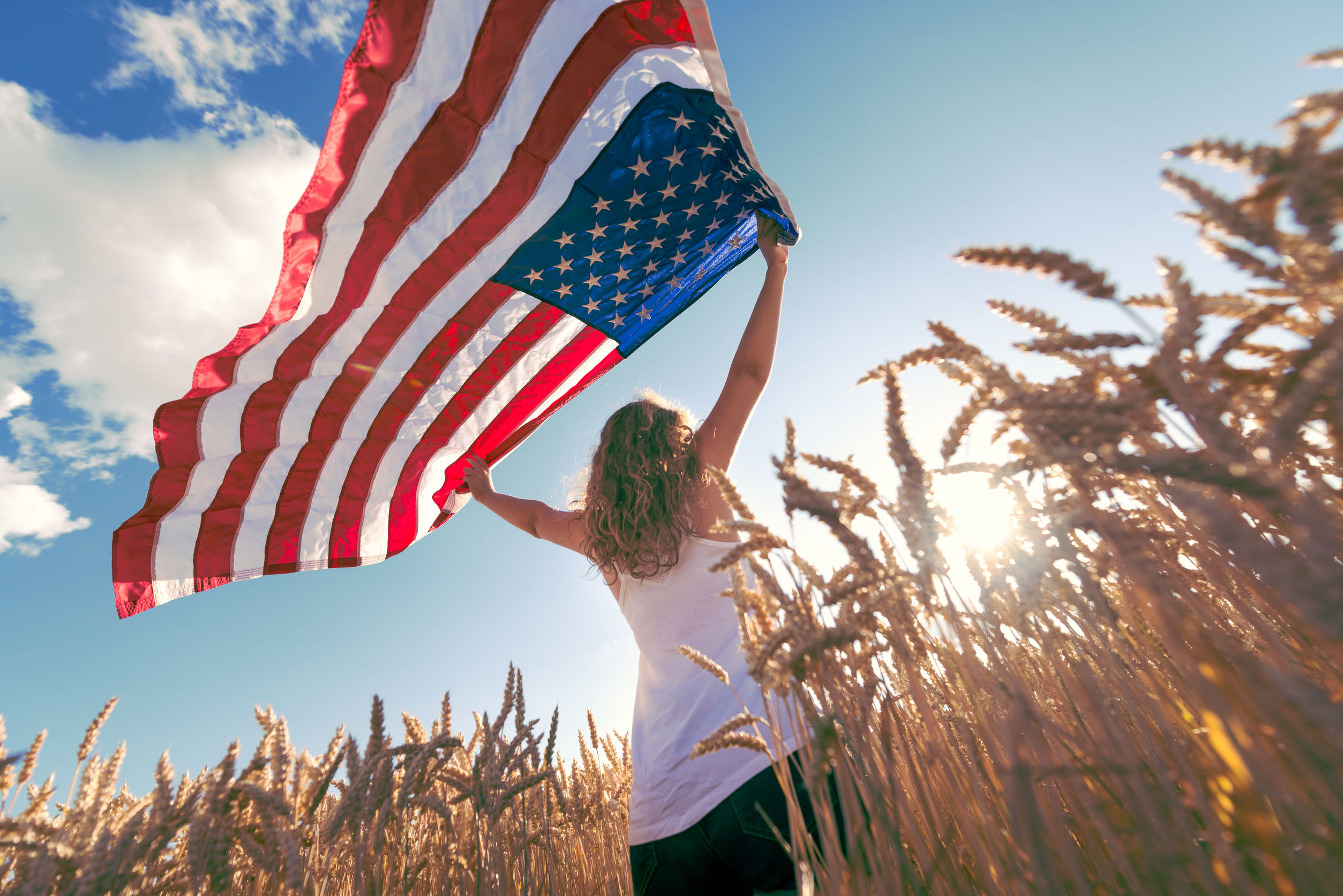 American flag waving in the wind.